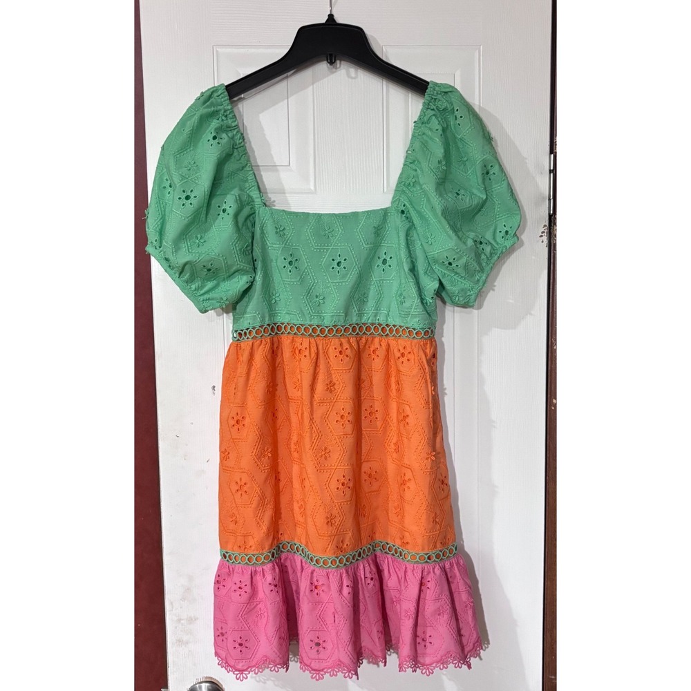 Anthropologie|Greylin Tani Colorblock Eyelet Puff Sleeve‎ Mini Dress 
Boho|Small